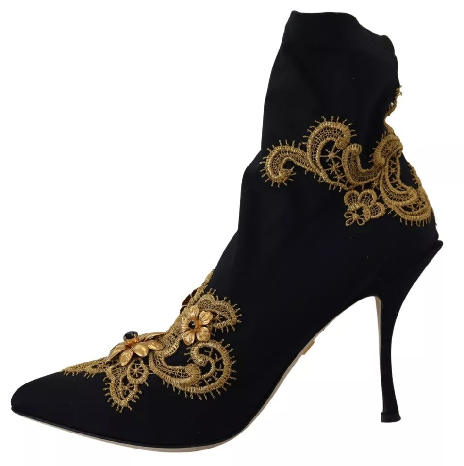 Dolce & Gabbana Black Gold Embroidery Slip On Boots Shoes