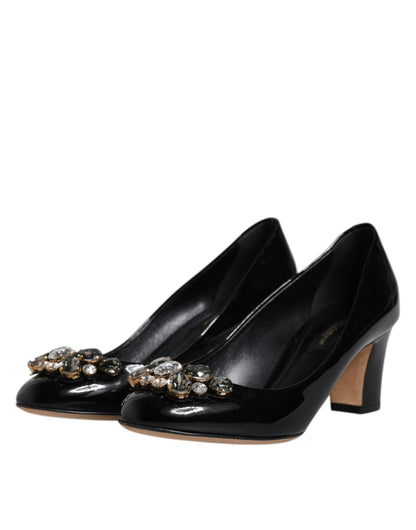 Dolce & Gabbana Black Leather Crystal Heels Pumps Shoes